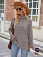 Ribbed Turtleneck Long Sleeve Slit Knit Top (7)