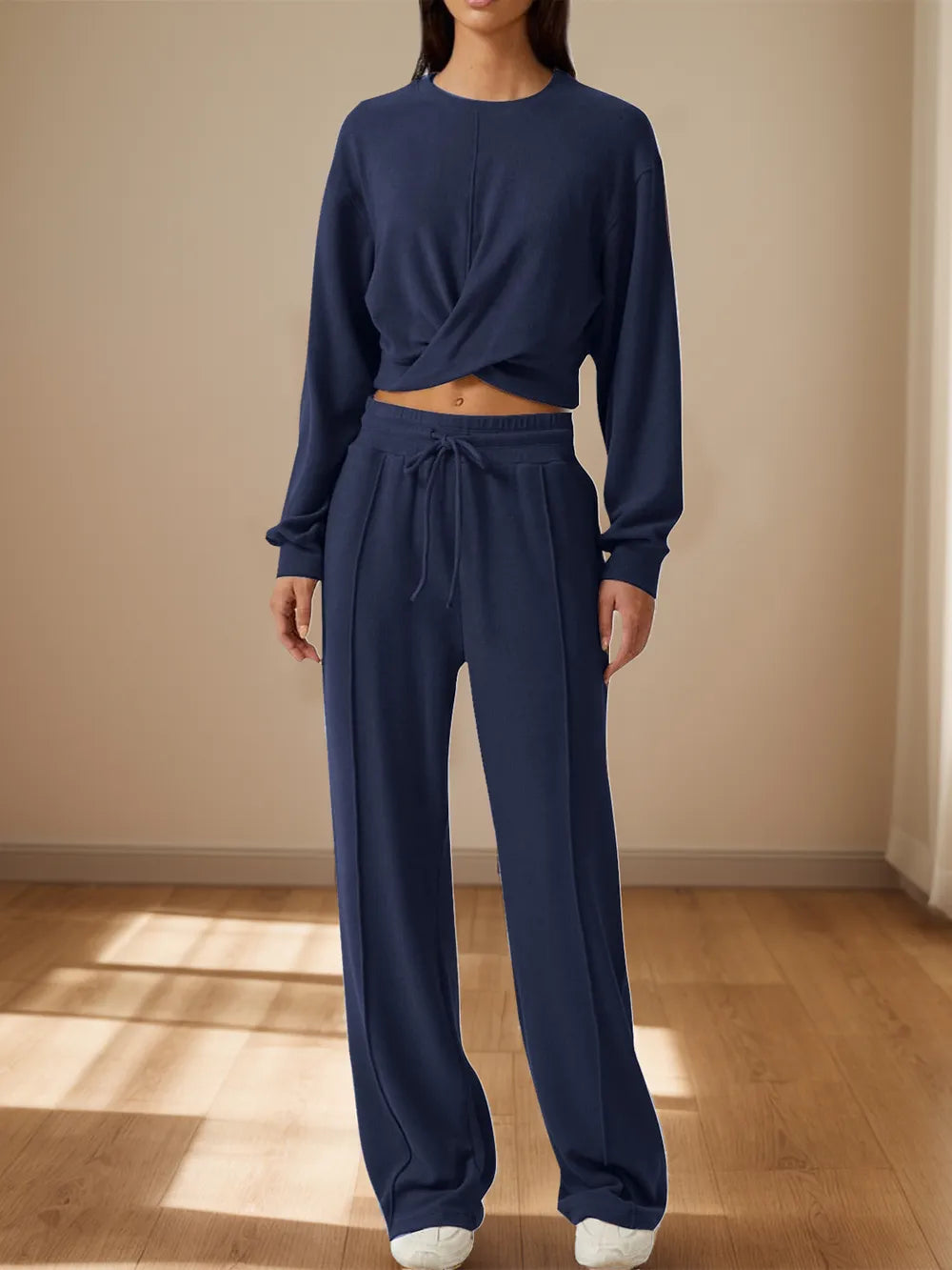 Crisscross Round Neck Top Drawstring Pants Set (5)