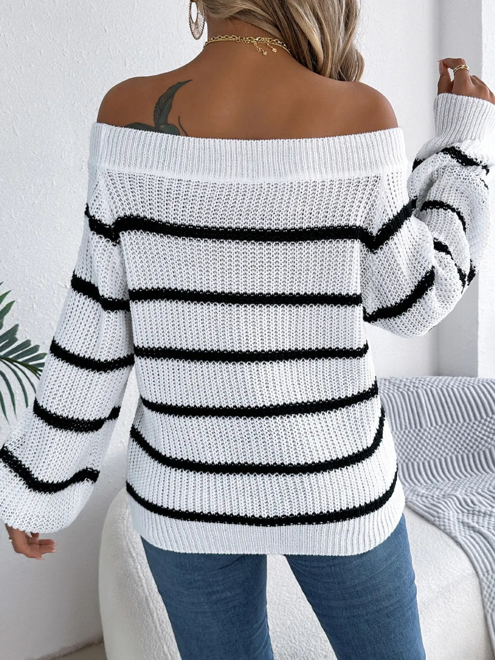 Striped Off-shoulder Long Sleeve Sweater (5)
