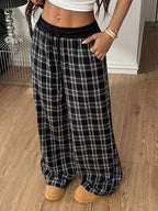 Plaid Wide-leg Pants Elastic Waistband (3)