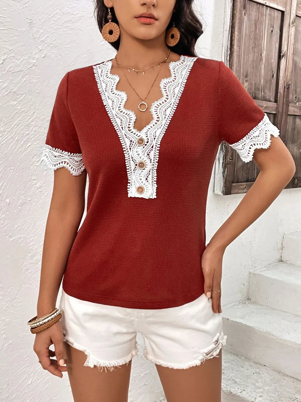 Lace Detail V-neck Short Sleeve T-shirt (3)