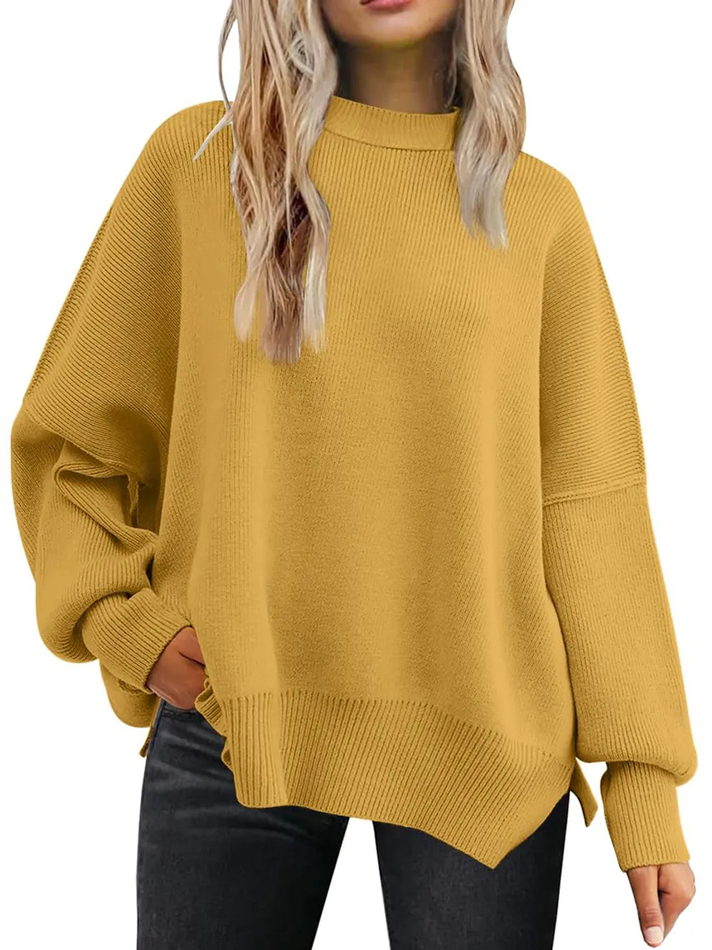 Slit Round Neck Dropped Shoulder Sweater (29)