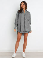 Striped Dropped Shoulder Shirt Shorts Set (3)