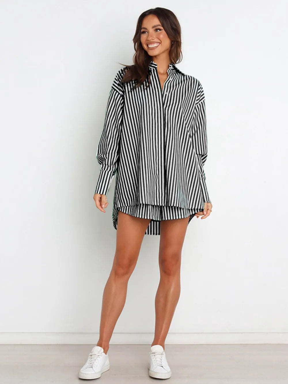 Striped Dropped Shoulder Shirt Shorts Set (3)
