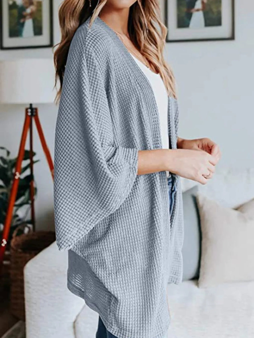 Full Size Open Front Waffle Knit Cardigan Plus (30)