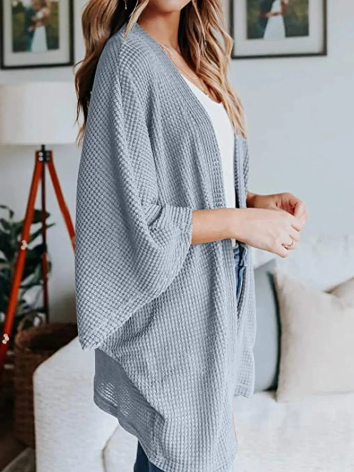 Full Size Open Front Waffle Knit Cardigan Plus (30)