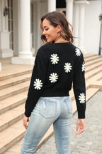 Flower Pattern Round Neck Short Sleeve Pullover Sweater (12)