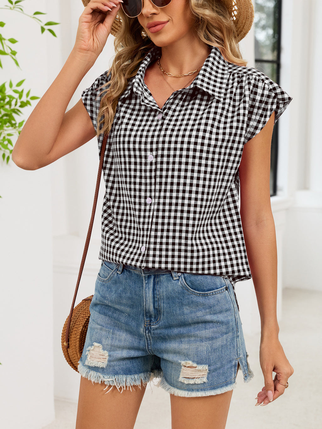 Plaid Button Up Cap Sleeve Shirt (17)
