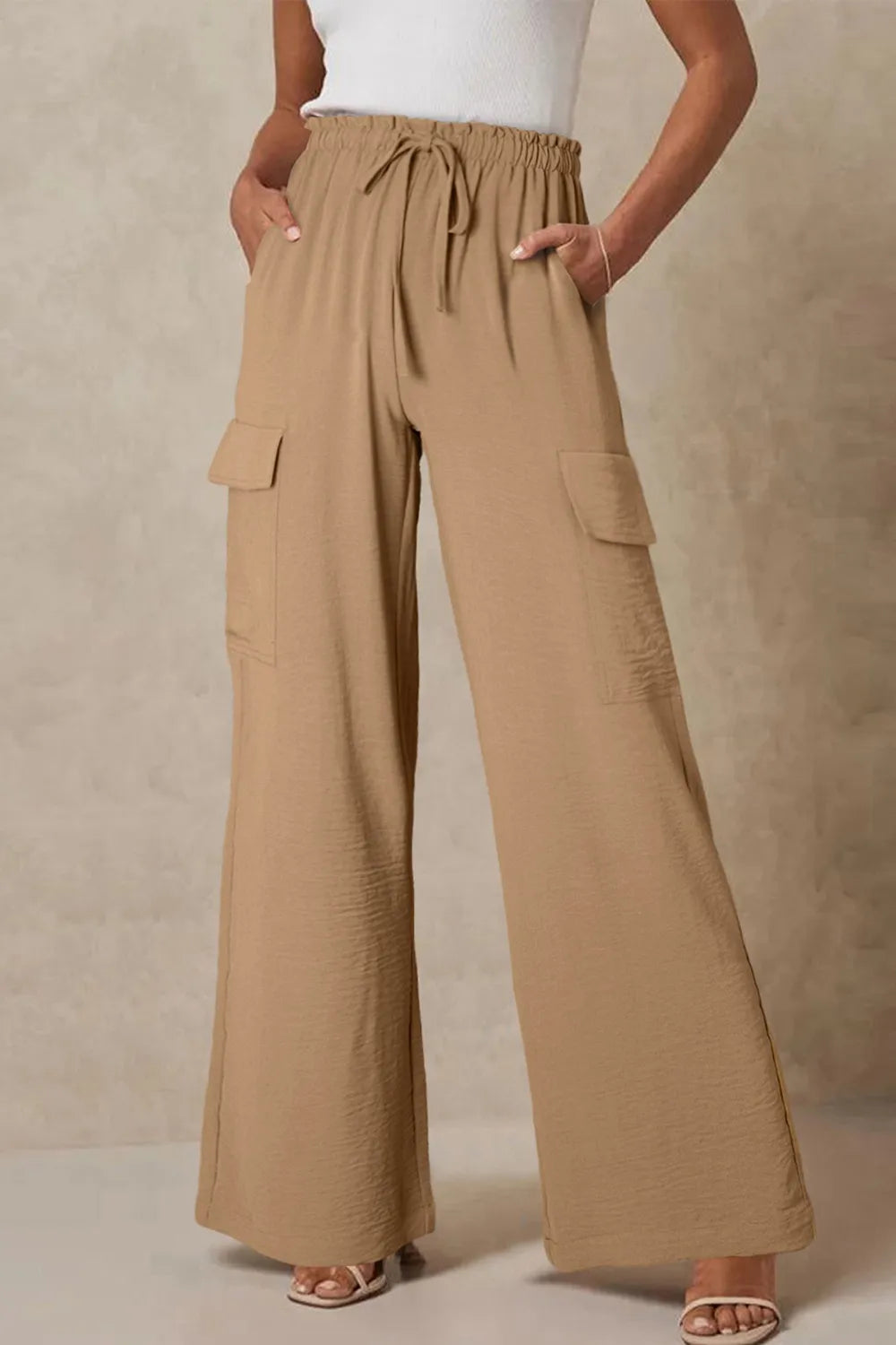 Drawstring Frilled Waist Wide Leg Utility Trousers (4)