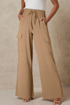 Drawstring Frilled Waist Wide Leg Utility Trousers (4)