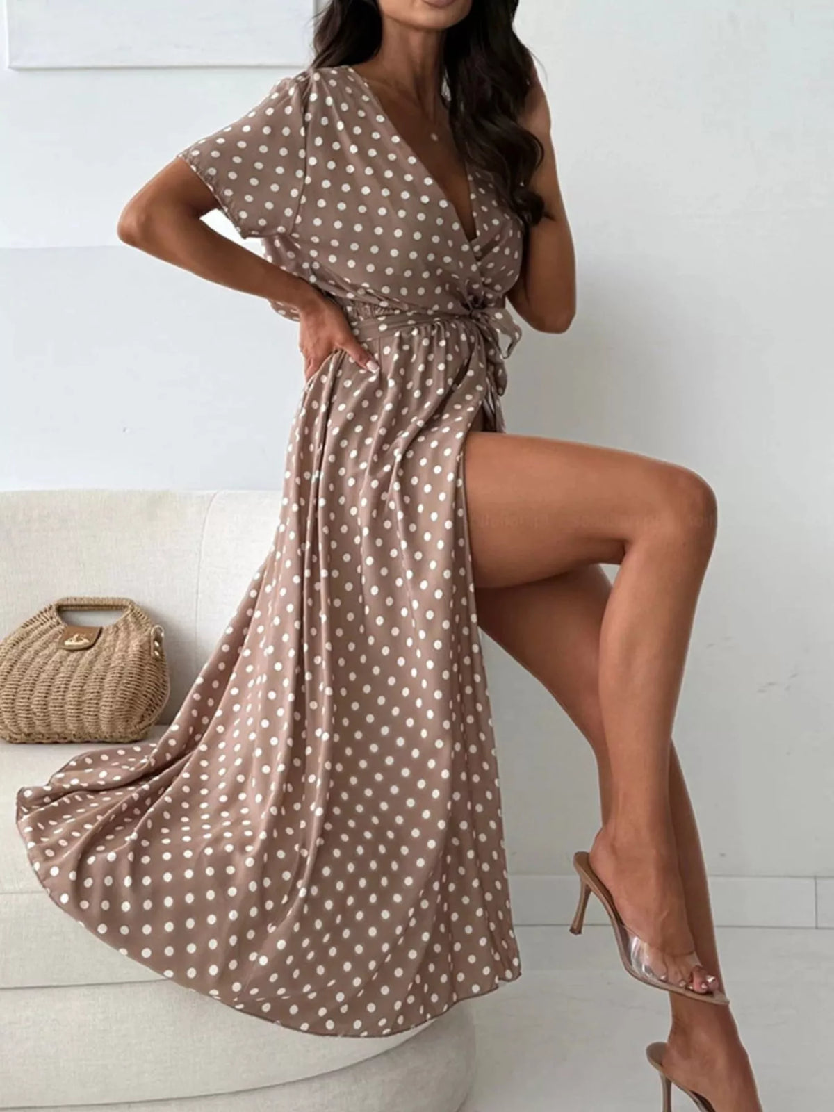 Polka Dot Surplice Maxi Dress Slit (22)