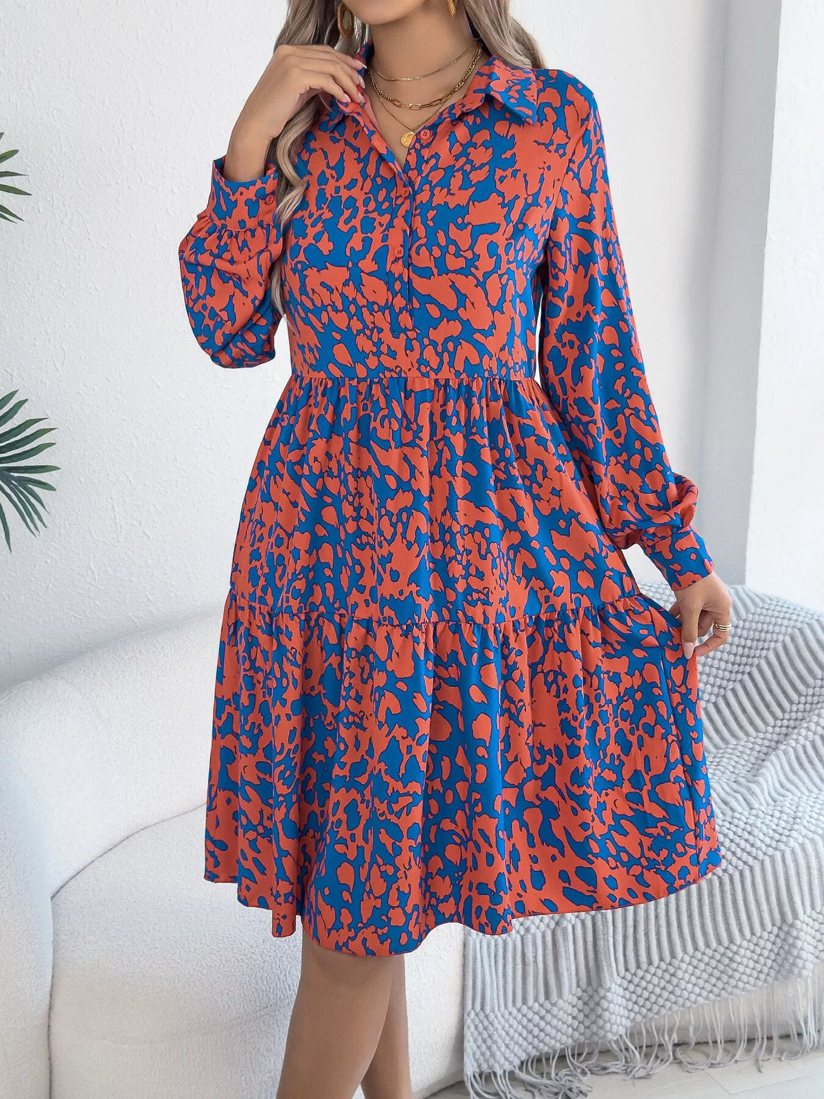 Printed Collared Neck Long Sleeve Dress (11)