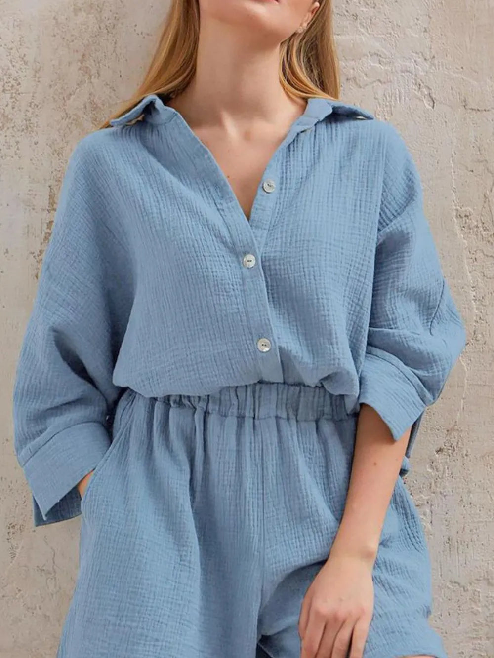 Texture Button Up Shirt Shorts Set (22)
