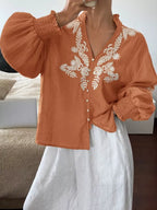 Embroidered Notched Long Sleeve Blouse (33)