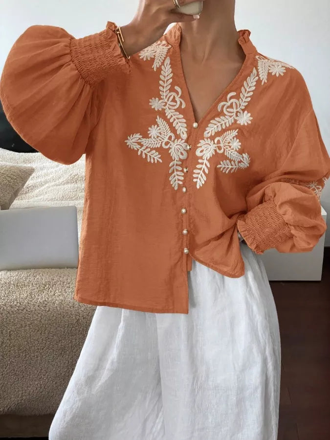 Embroidered Notched Long Sleeve Blouse (33)