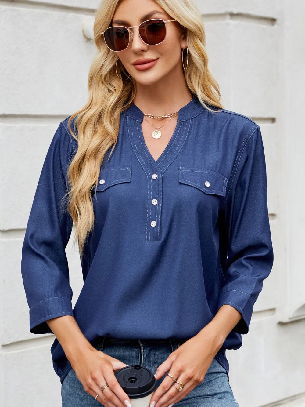 Notched Three-quarter Sleeve Denim Top (8)