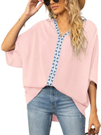 Oversized Contrast V-neck Half Sleeve Blouse (6)