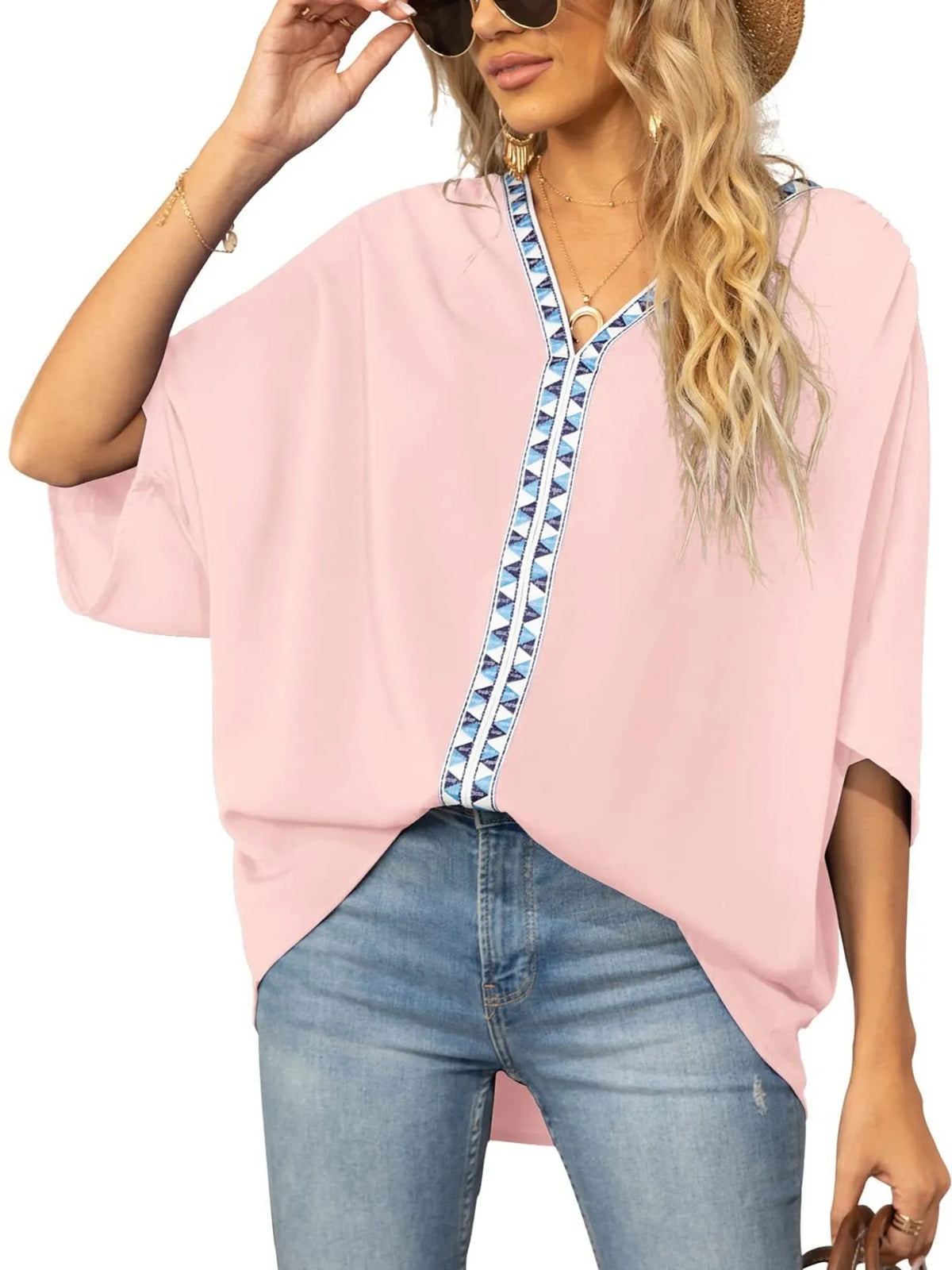 Oversized Contrast V-neck Half Sleeve Blouse (6)