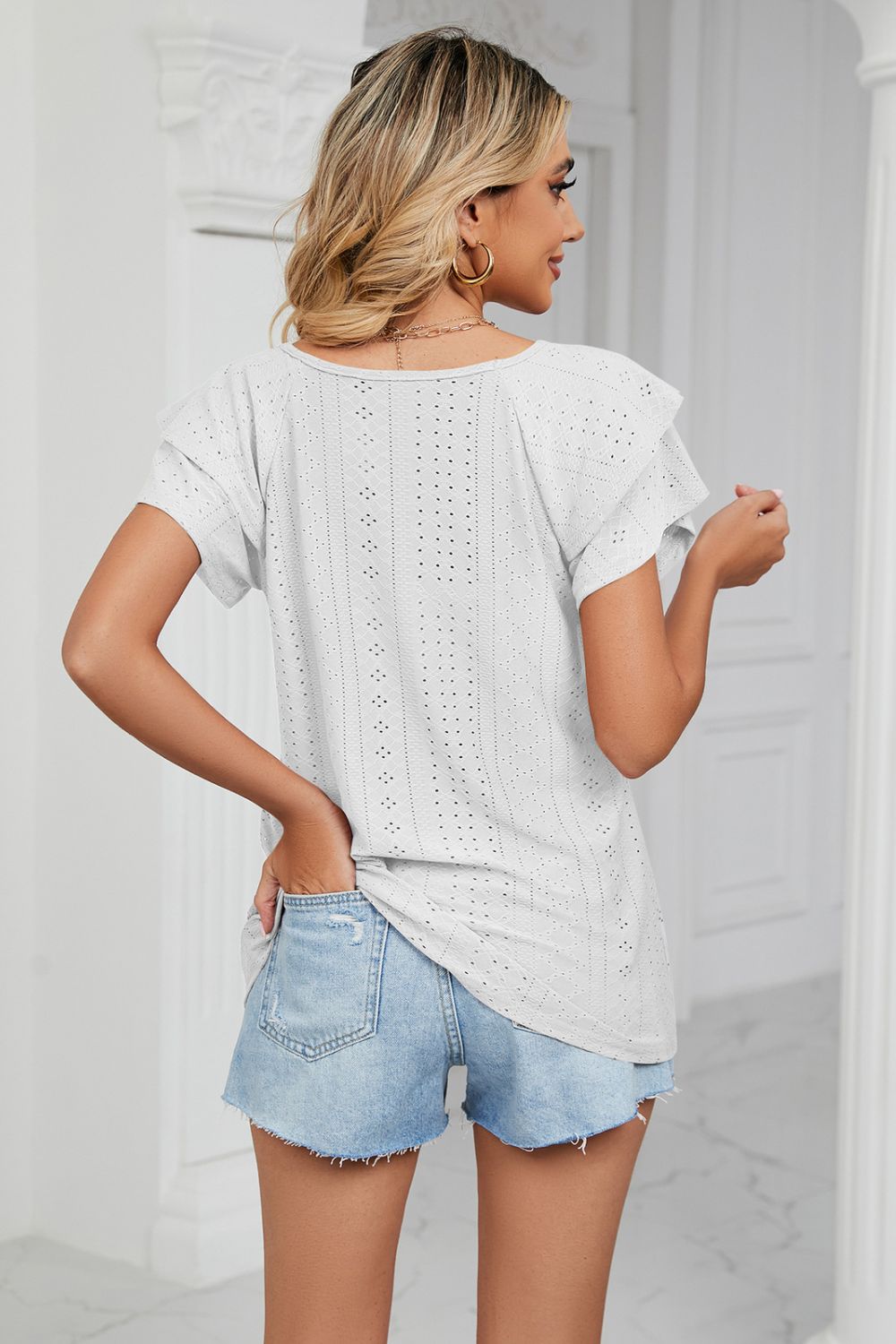 Eyelet Layered Flutter Sleeve V-neck Knit Top (21)