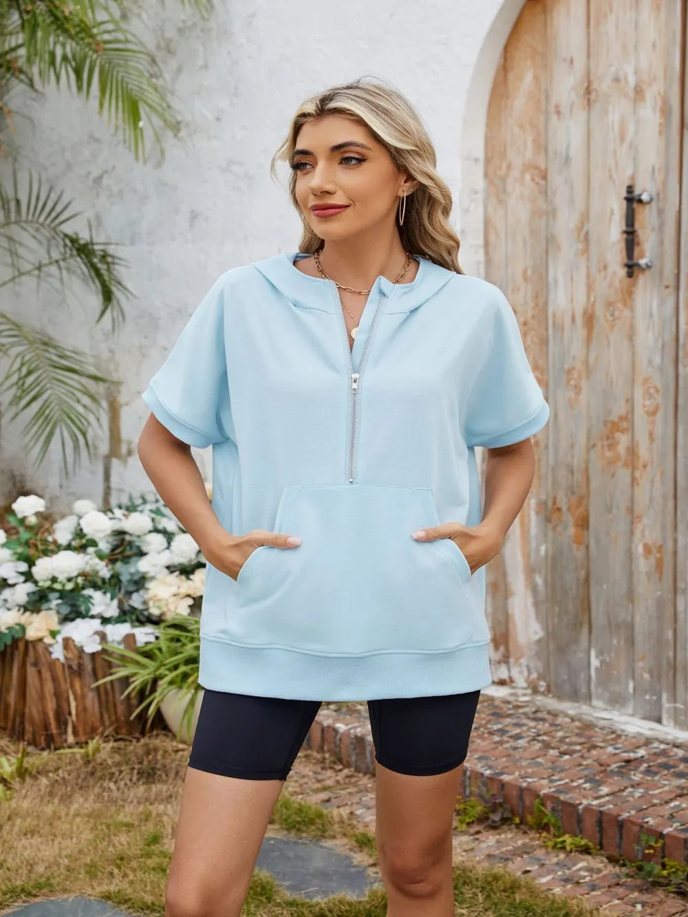 Half Zip Short Sleeve Hooded Top (5)