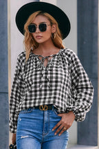 Plaid Tie Neck Balloon Sleeve Blouse (2)