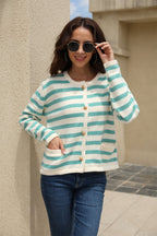 Striped Round Neck Button-down Dropped Shoulder Cardigan (5)