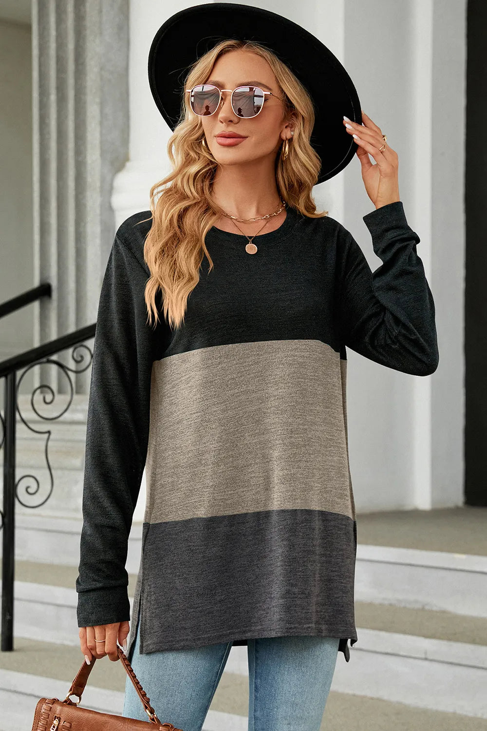 Block Round Neck Long Sleeve T-shirt (8)
