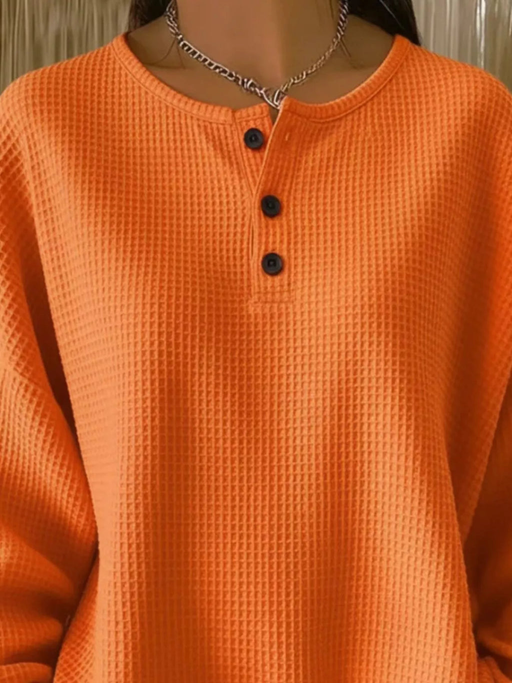 Full Size Casual Waffle Knit Button Detail Pullover Plus (5)