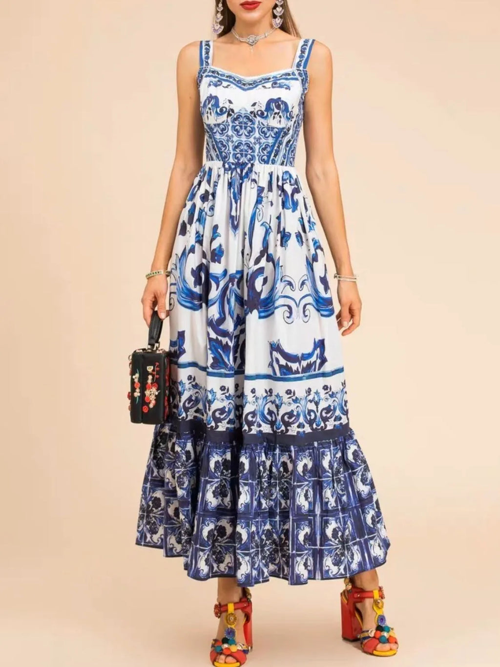 Smocked Printed Wide Strap Dress (2)