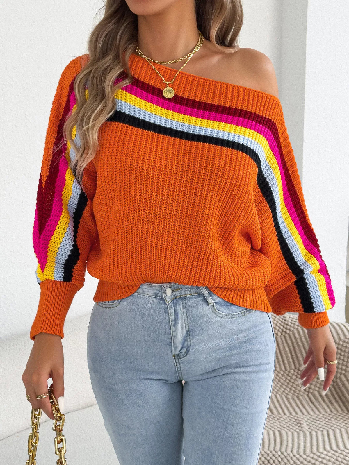Striped Knit Boat Neck Sweater (15)