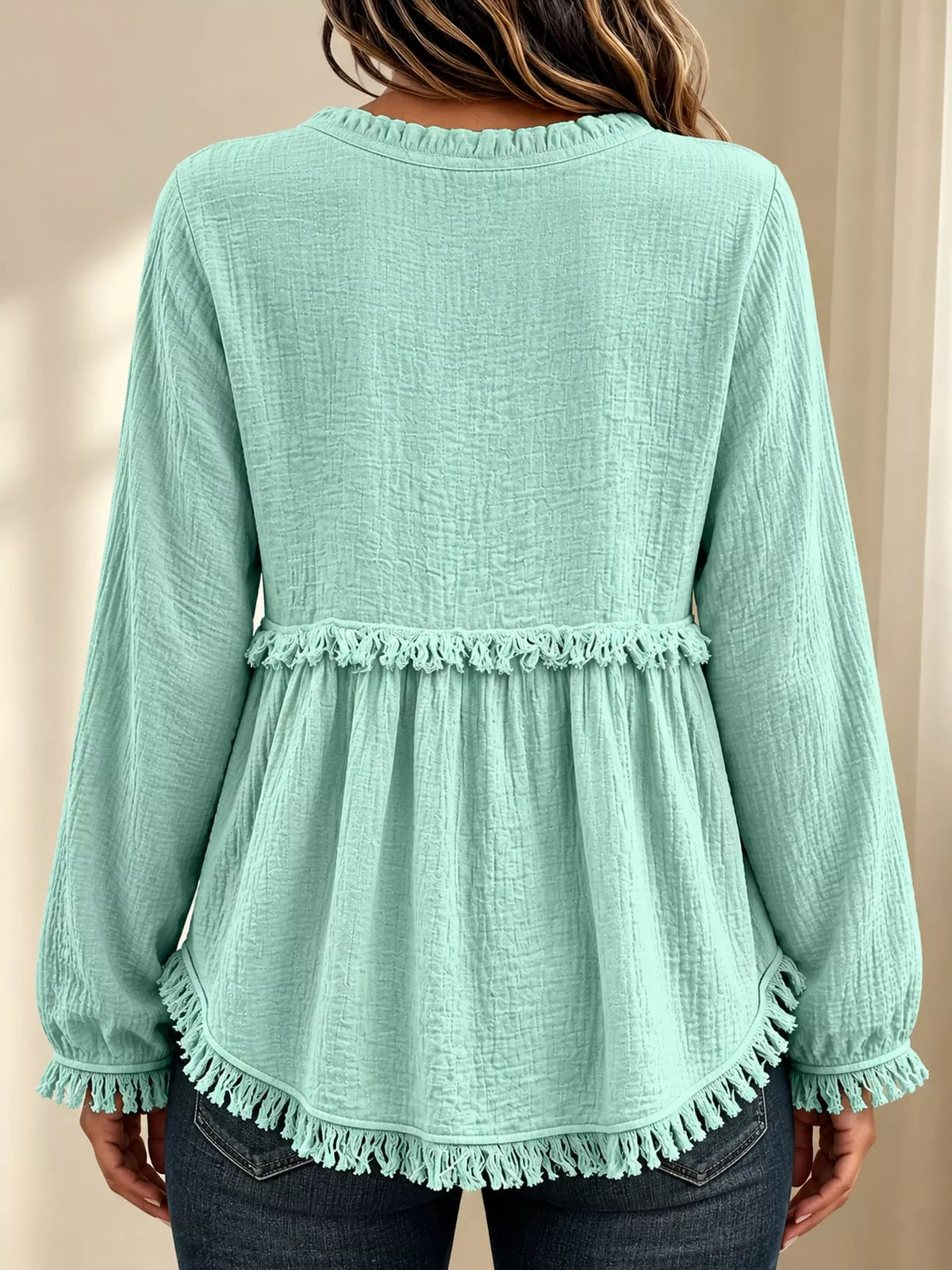 Full Size Frayed Hem Button Detail Blouse Plus (38)
