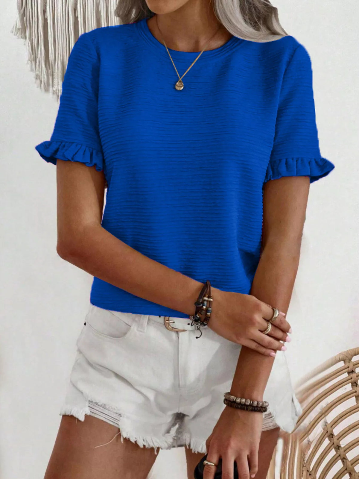 Textured Ruffle Sleeve Round Neck T-shirt (12)