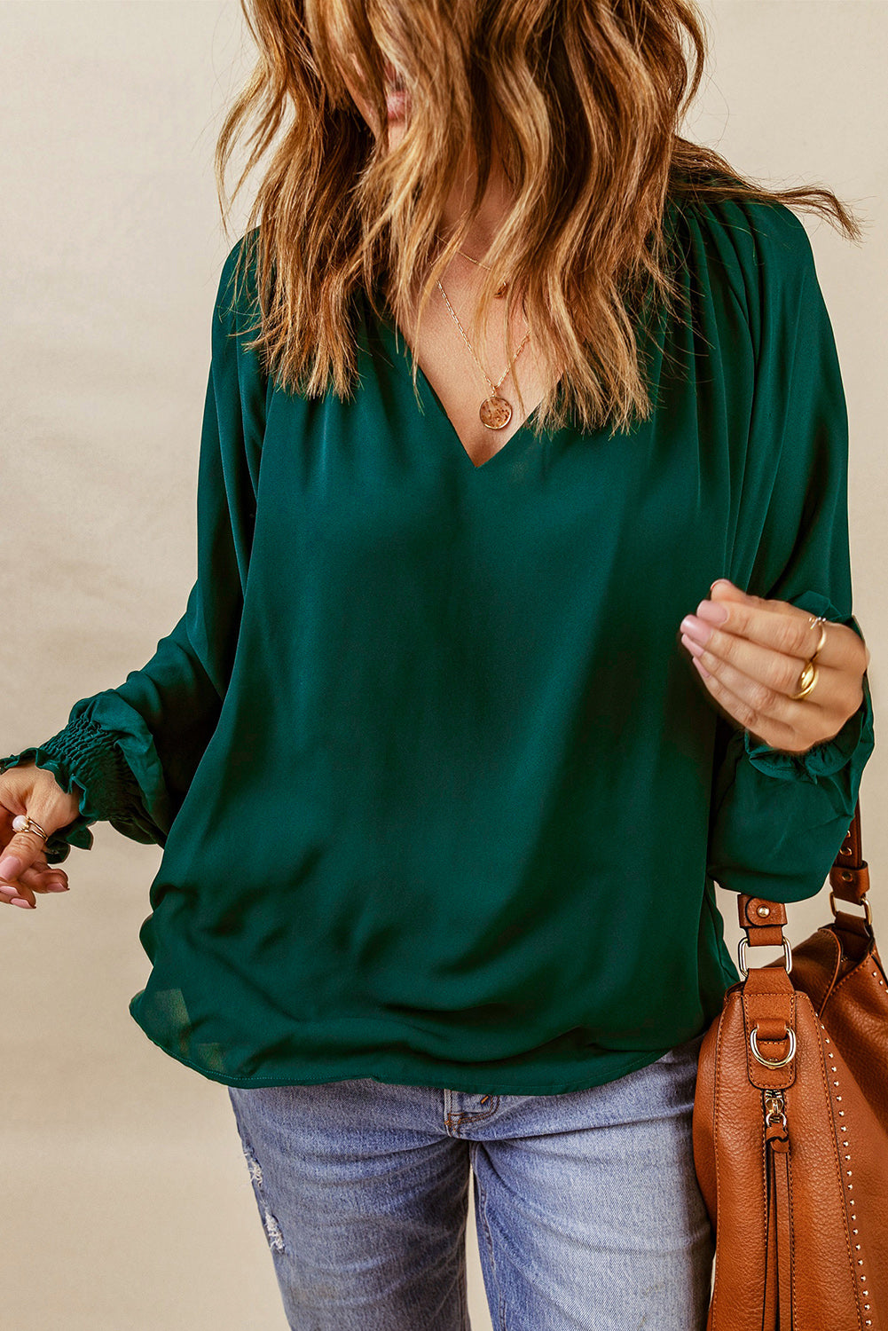 Notched Neck Lantern Sleeve Blouse (20)
