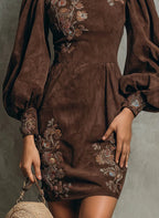 Boho Brown Puff Sleeve Floral Embroidered Suede Mini Dress photo 2