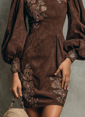 Boho Brown Puff Sleeve Floral Embroidered Suede Mini Dress photo 2