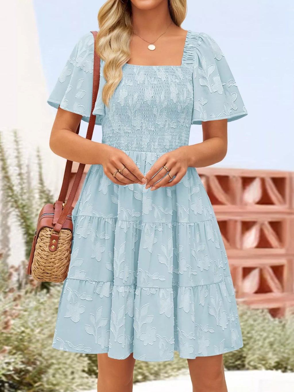 Smocked Square Neck Tiered Mini Dress (2)
