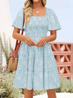 Smocked Square Neck Tiered Mini Dress (2)