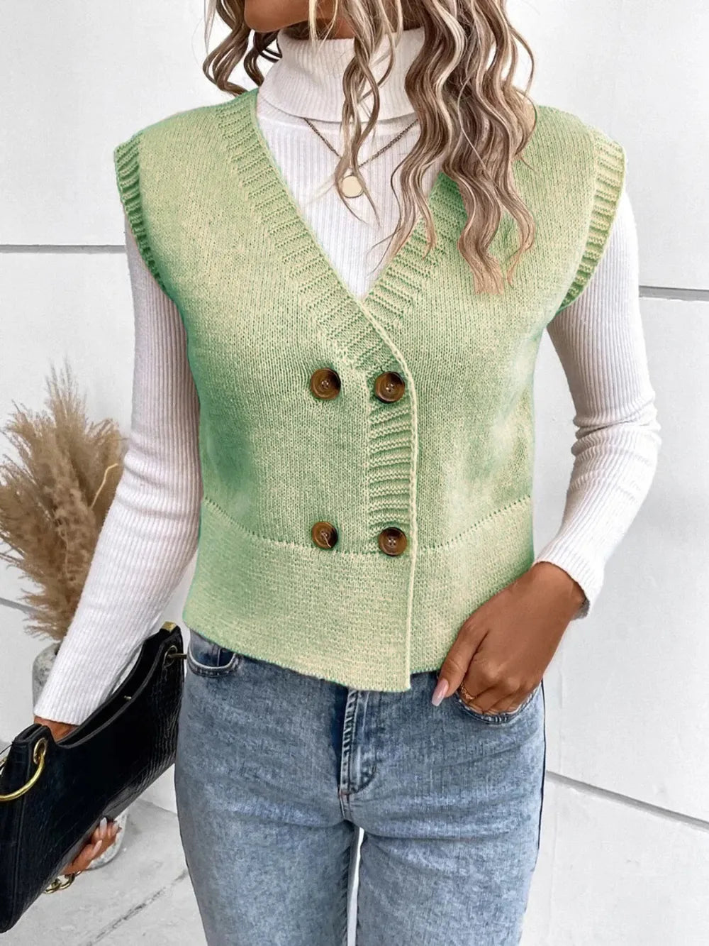 Full Size Button Up V-neck Sweater Vest (5)