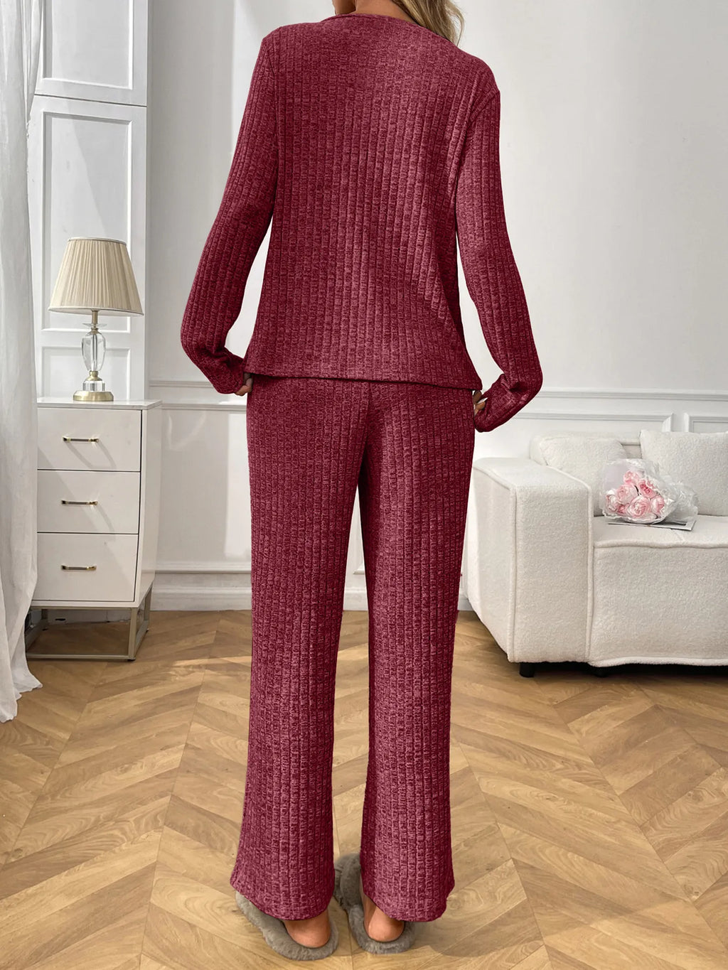 Ribbed Long Sleeve Top Pants Lounge Set (22)