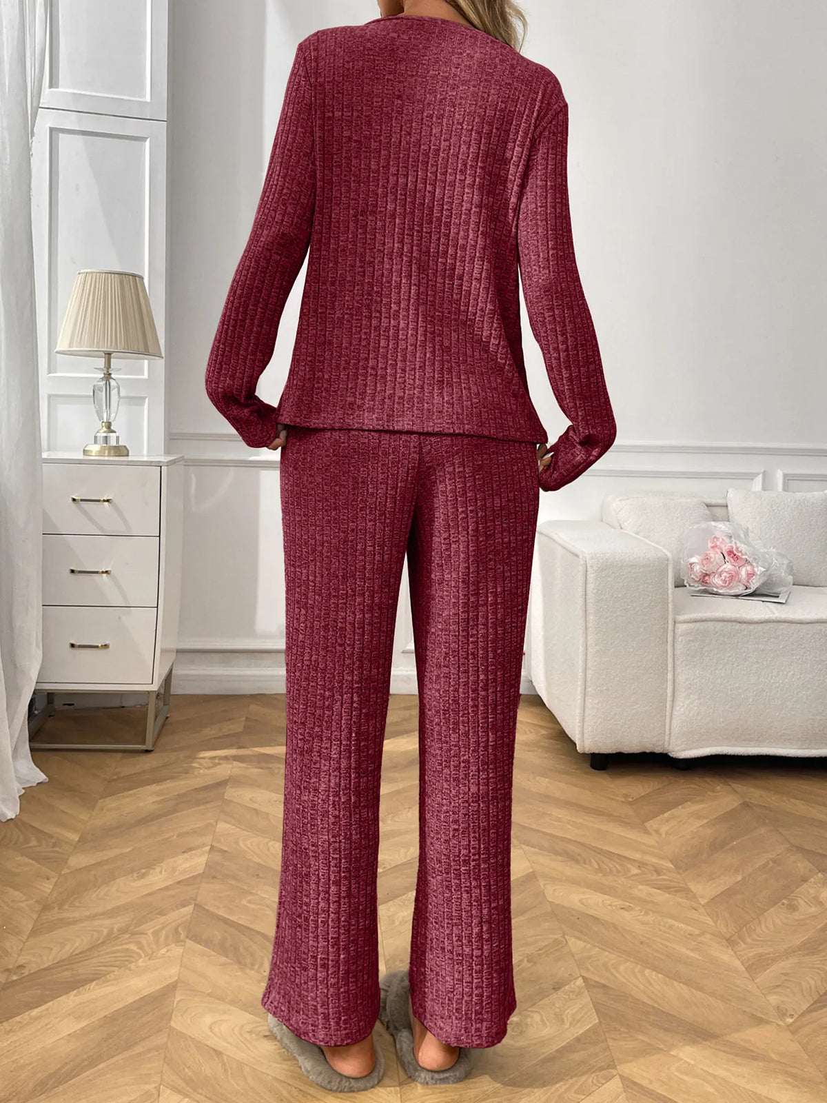 Ribbed Long Sleeve Top Pants Lounge Set (22)