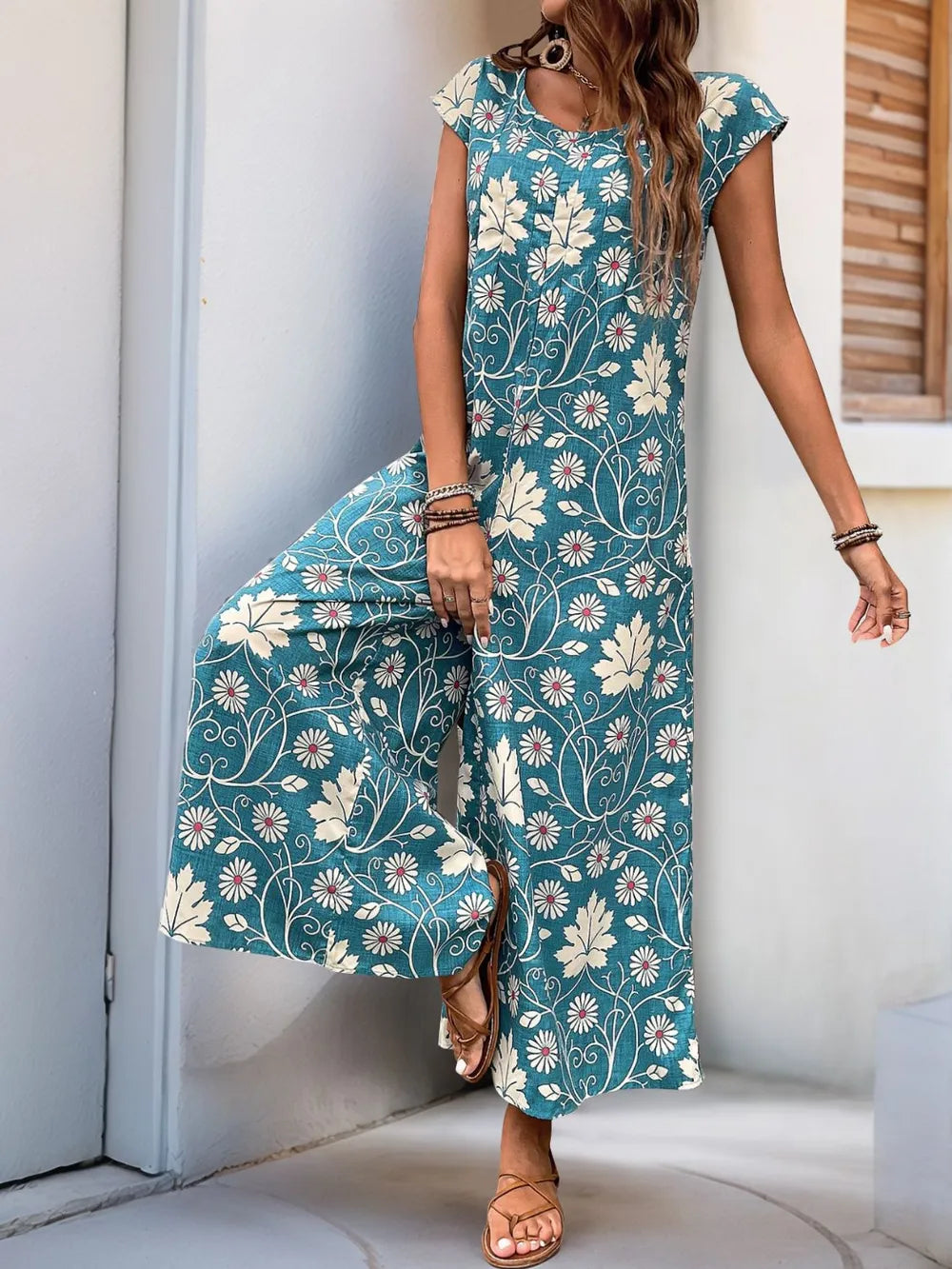 Printed Round Neck Cap Sleeve Wide Leg Jumpsuit (2)