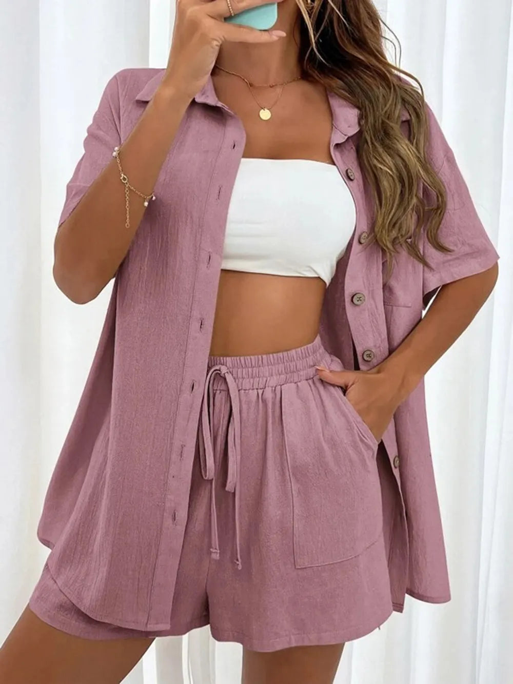Button Up Shirt Drawstring Shorts Set