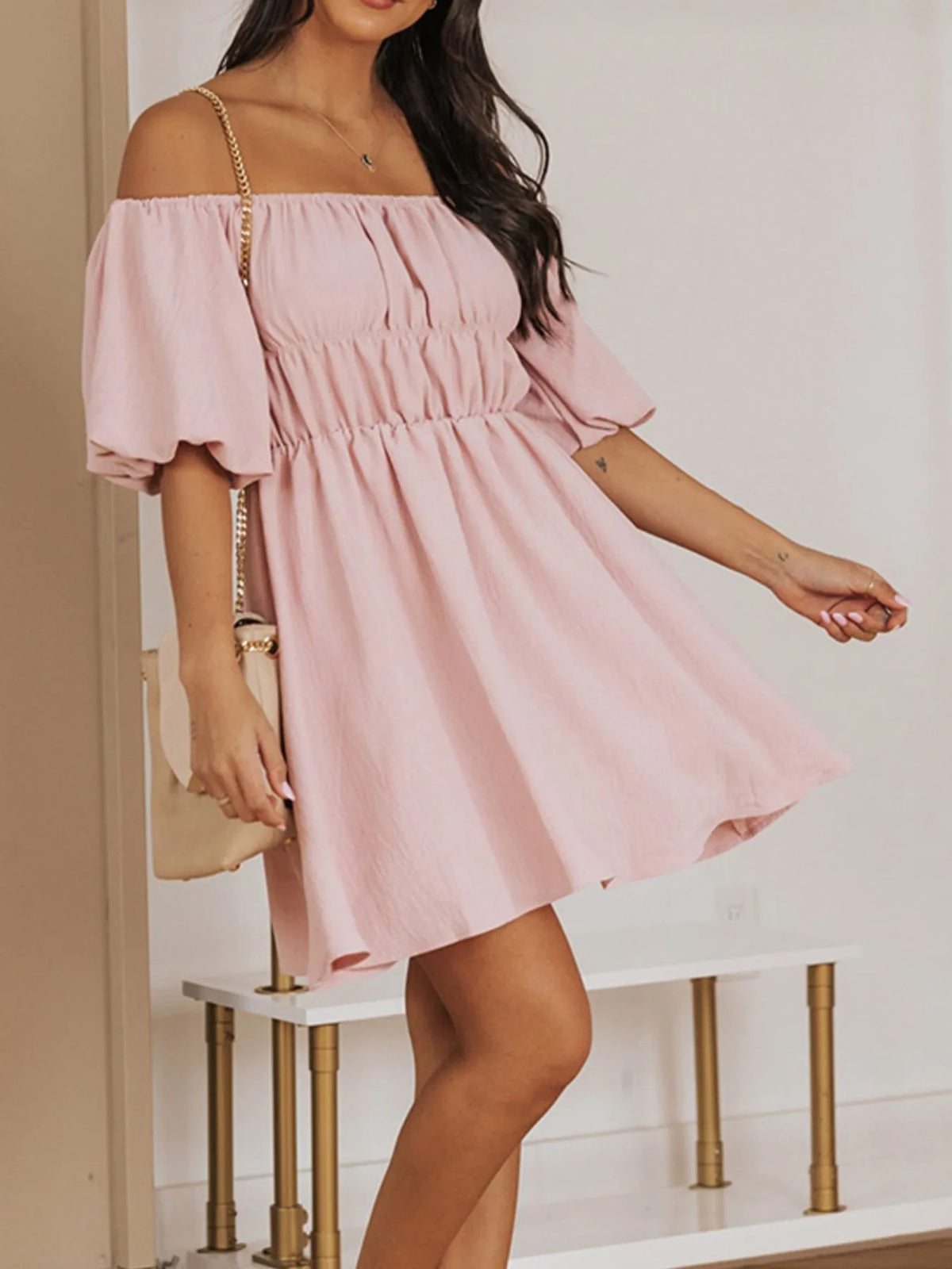 Off-shoulder Puff Sleeve Mini Dress (4)