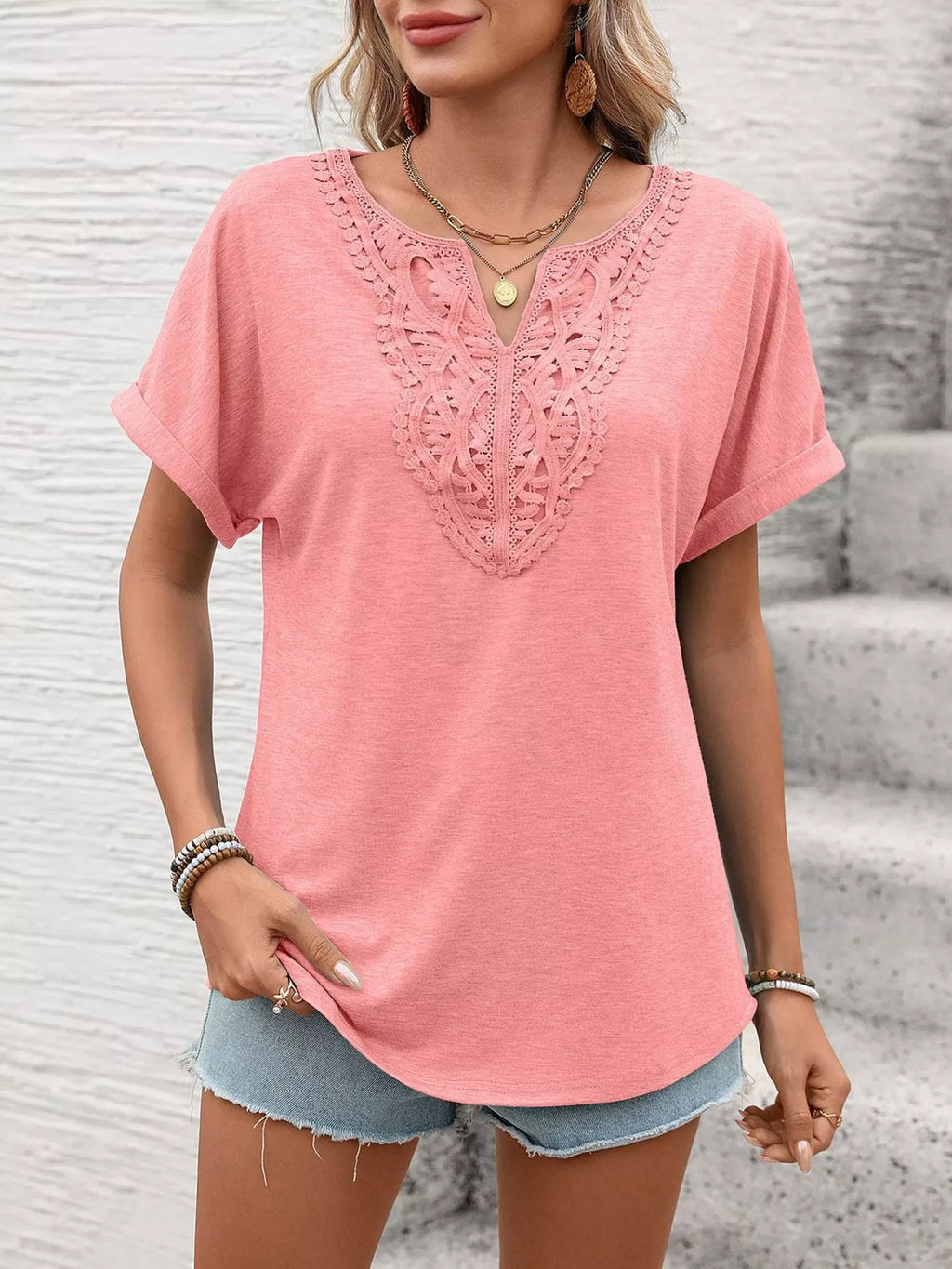 Lace Trim Short Sleeve T-shirt (32)