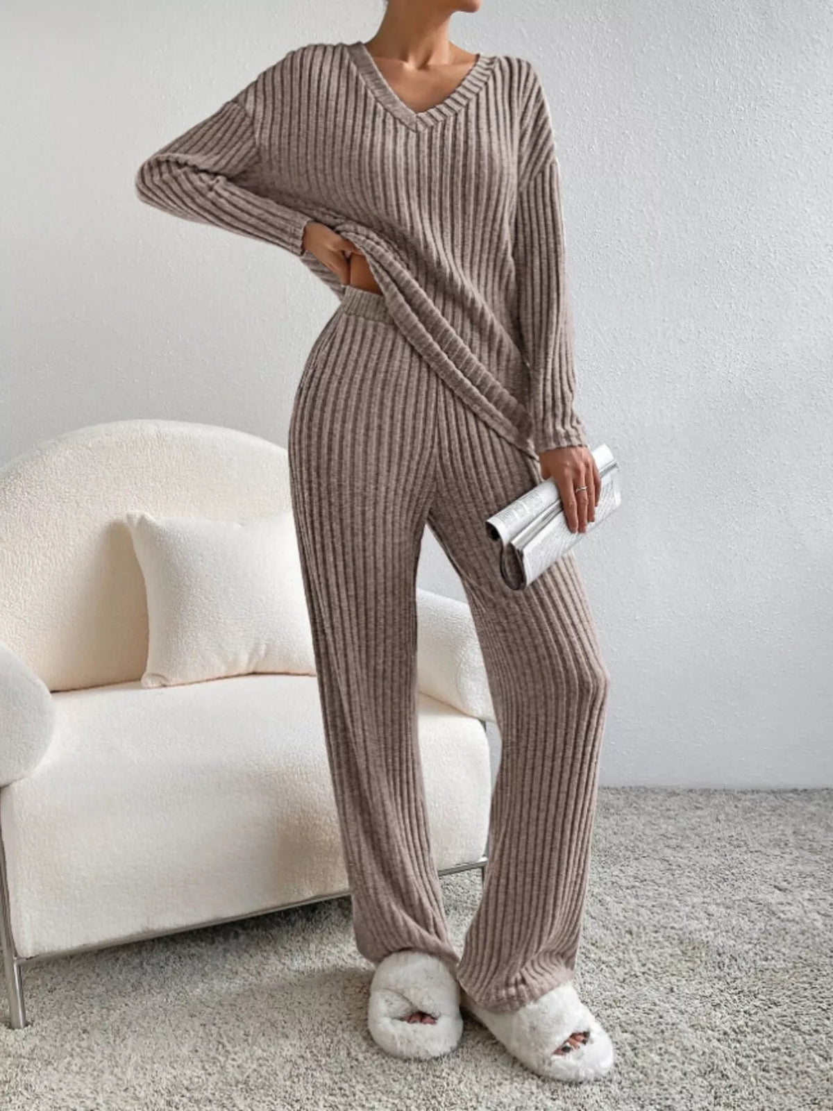 Ribbed Knit Long Sleeve Top Pants Set (7)