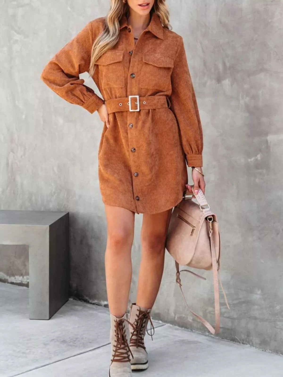 Button Front Belt Long Sleeve Corduroy Dress (10)