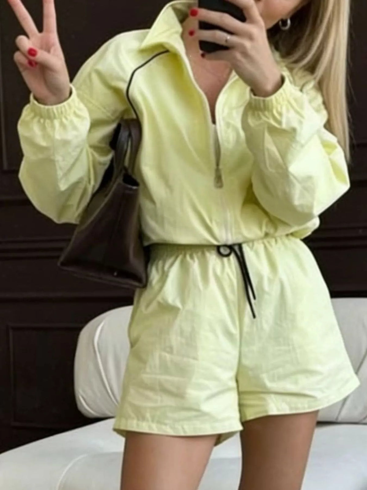 Zip Up Long Sleeve Outerwear Shorts Set (14)