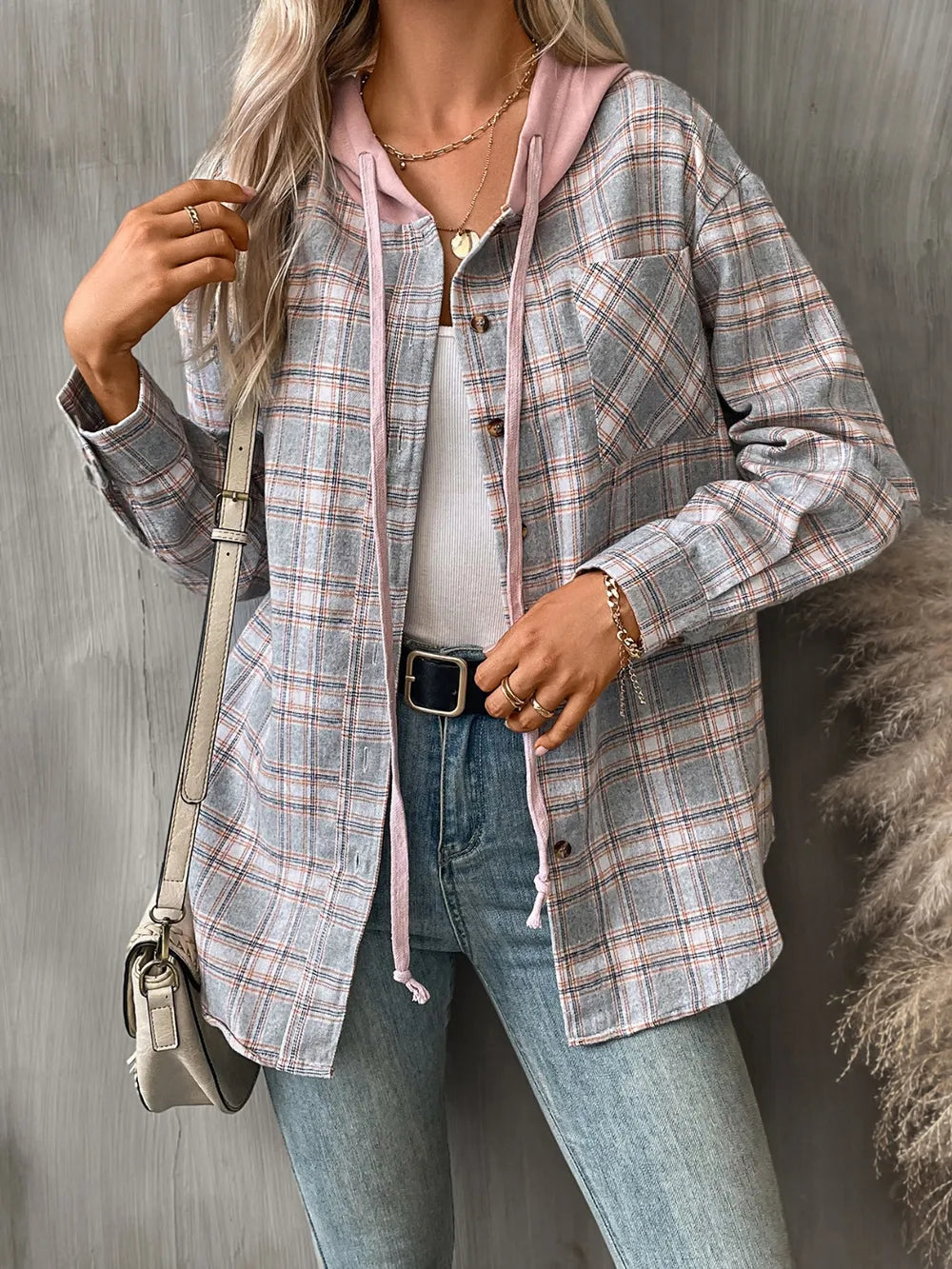 Plaid Long Sleeve Hooded Jacket (3)