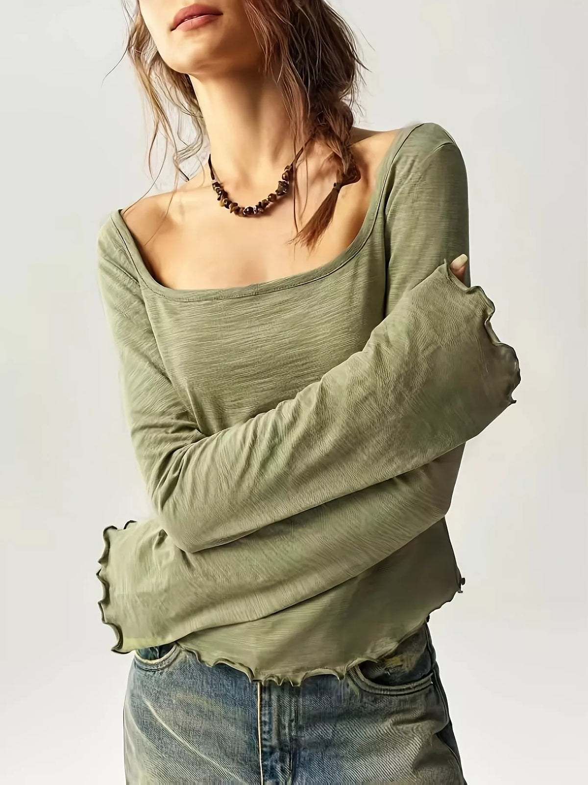 Square Neck Long Sleeve Slim-fit T-shirt (4)