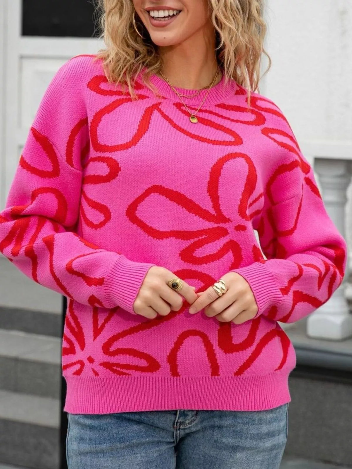 Flower Crew Neck Long Sleeve Sweater (14)